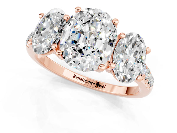 Rose gold Three-Stone Oval Cut Moissanite Ring with Round  Pavé Band and Prong Setting