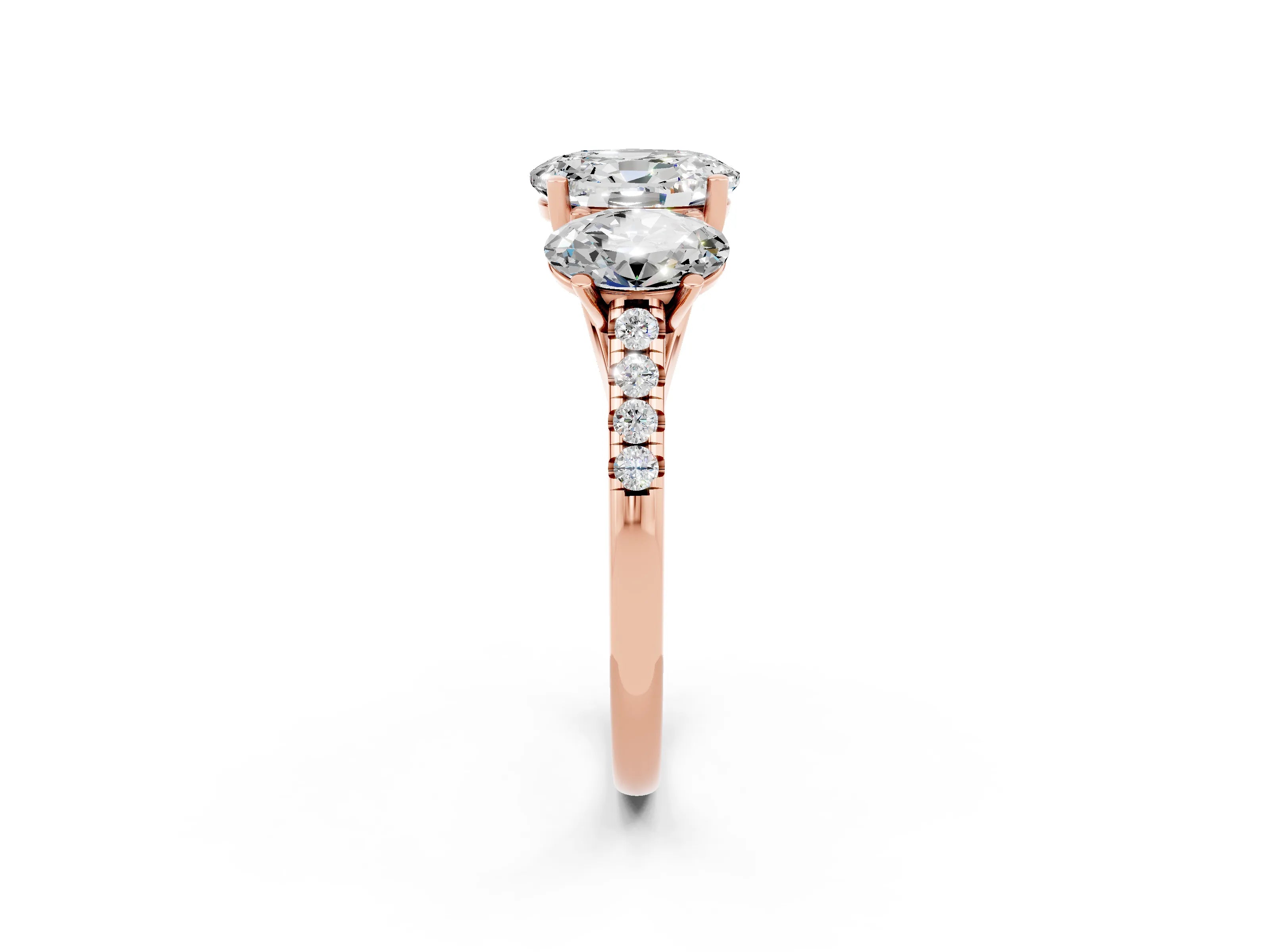 Rose gold Three-Stone Oval Cut Moissanite Ring with Pavé Band and Prong Setting_14