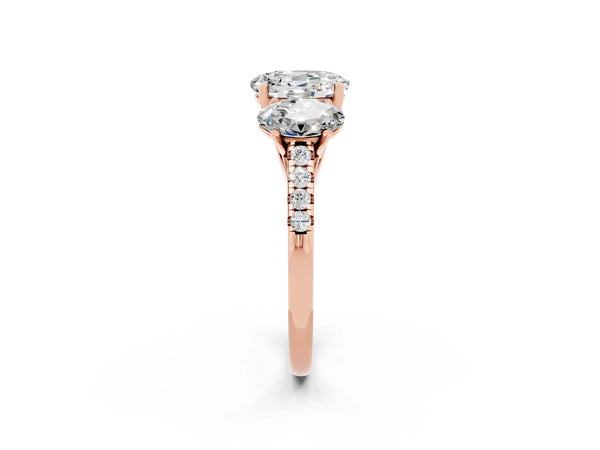 Rose gold Three-Stone Oval Cut Moissanite Ring with Round  Pavé Band and Prong Setting