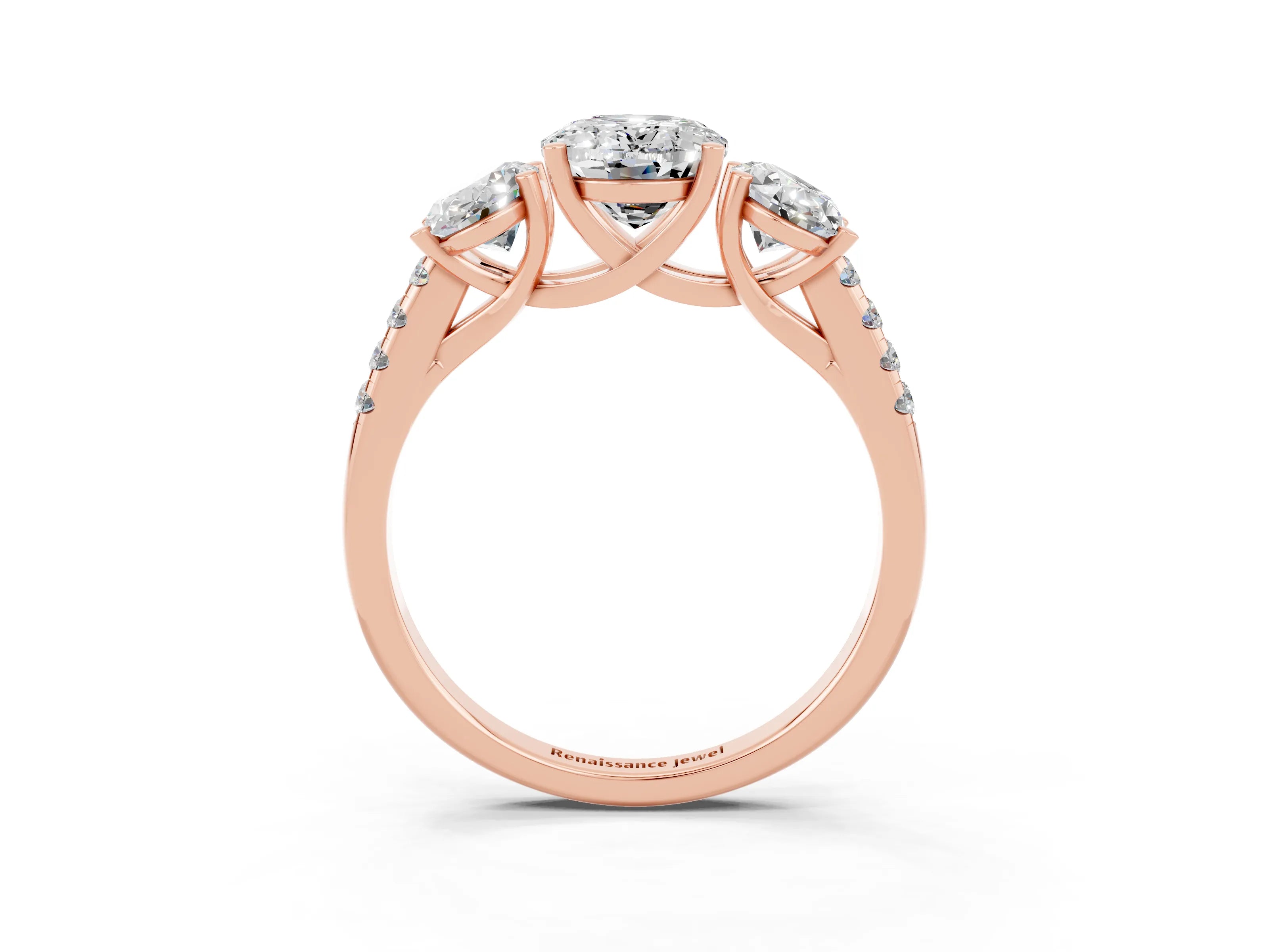 Rose gold Three-Stone Oval Cut Moissanite Ring with Pavé Band and Prong Setting_15