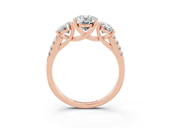 Rose gold Three-Stone Oval Cut Moissanite Ring with Round  Pavé Band and Prong Setting