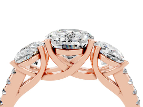 Rose gold Three-Stone Oval Cut Moissanite Ring with Pavé Band and Prong Setting_16