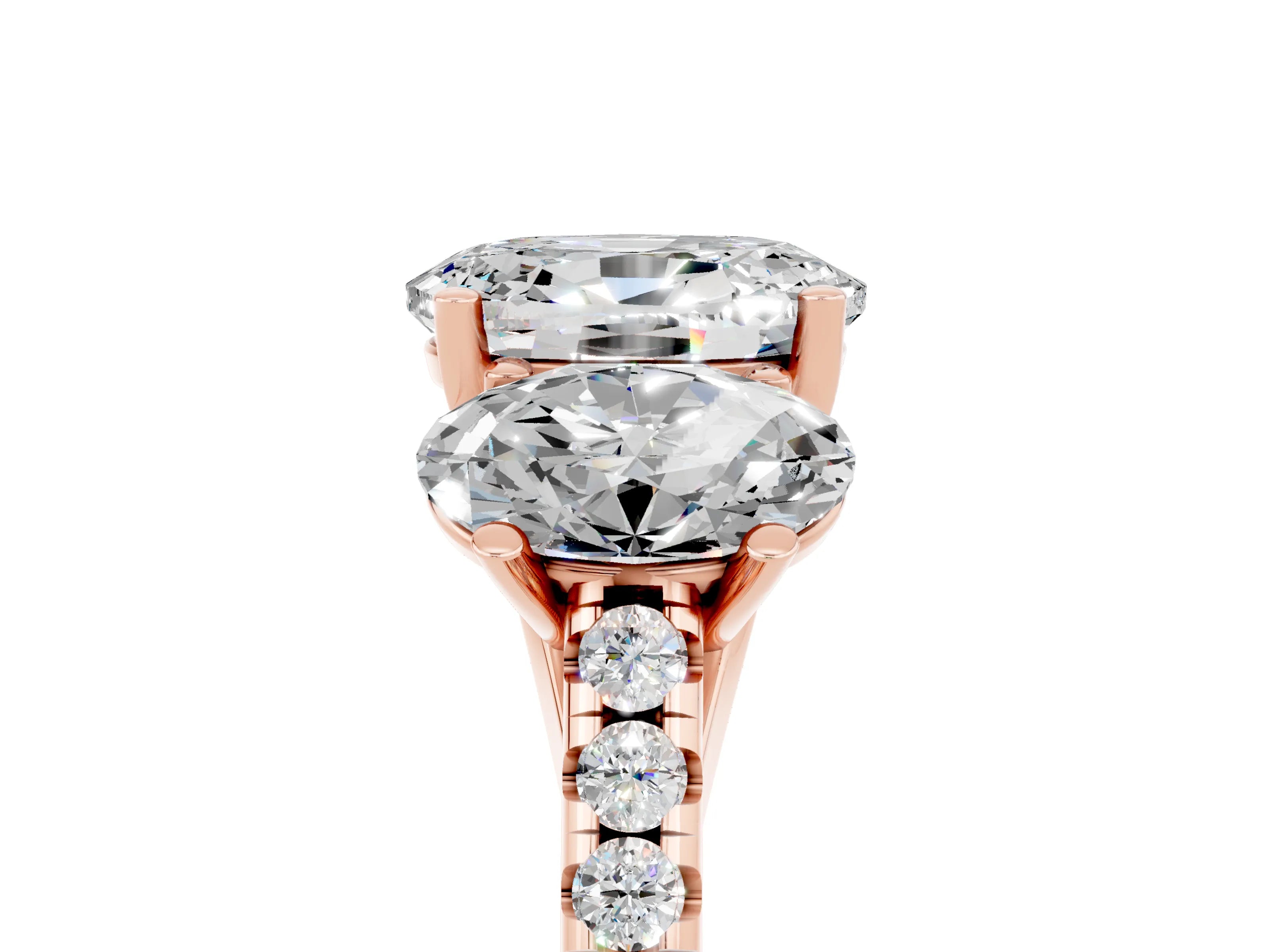 Rose gold Three-Stone Oval Cut Moissanite Ring with Pavé Band and Prong Setting_17