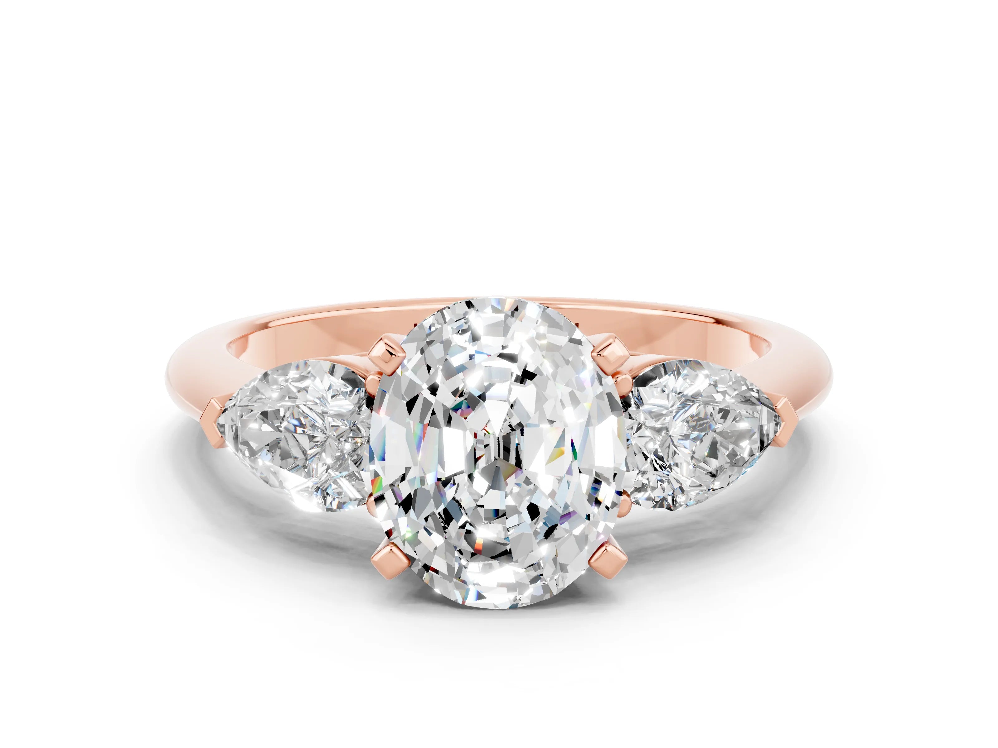 Rose gold Three-Stone Oval Cut Moissanite Ring with Pear Side Stones and Four-Prong Setting