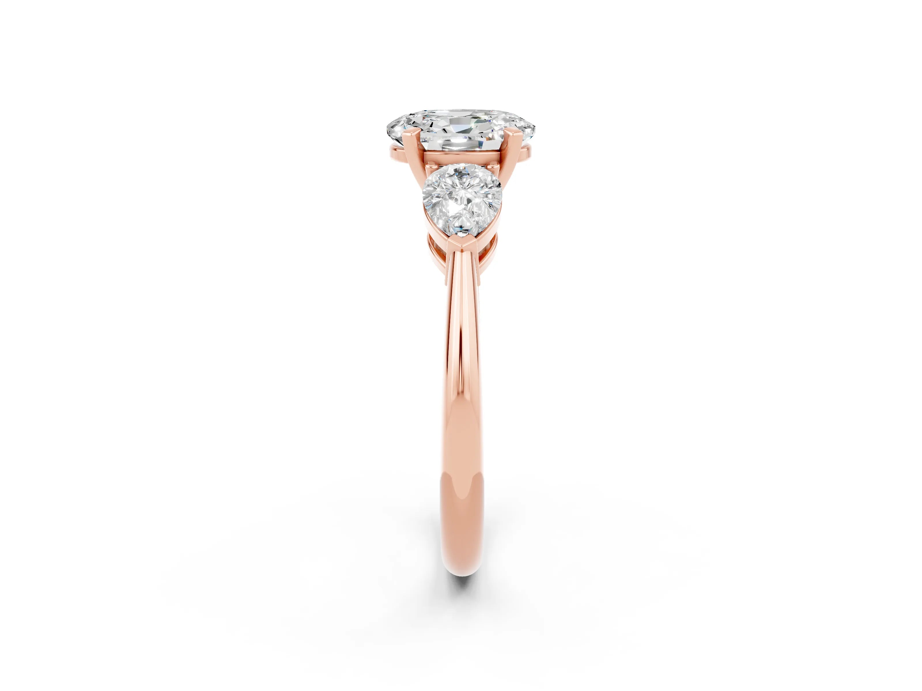 Rose gold Three-Stone Oval Cut Moissanite Ring with Pear Side Stones and Four-Prong Setting_2