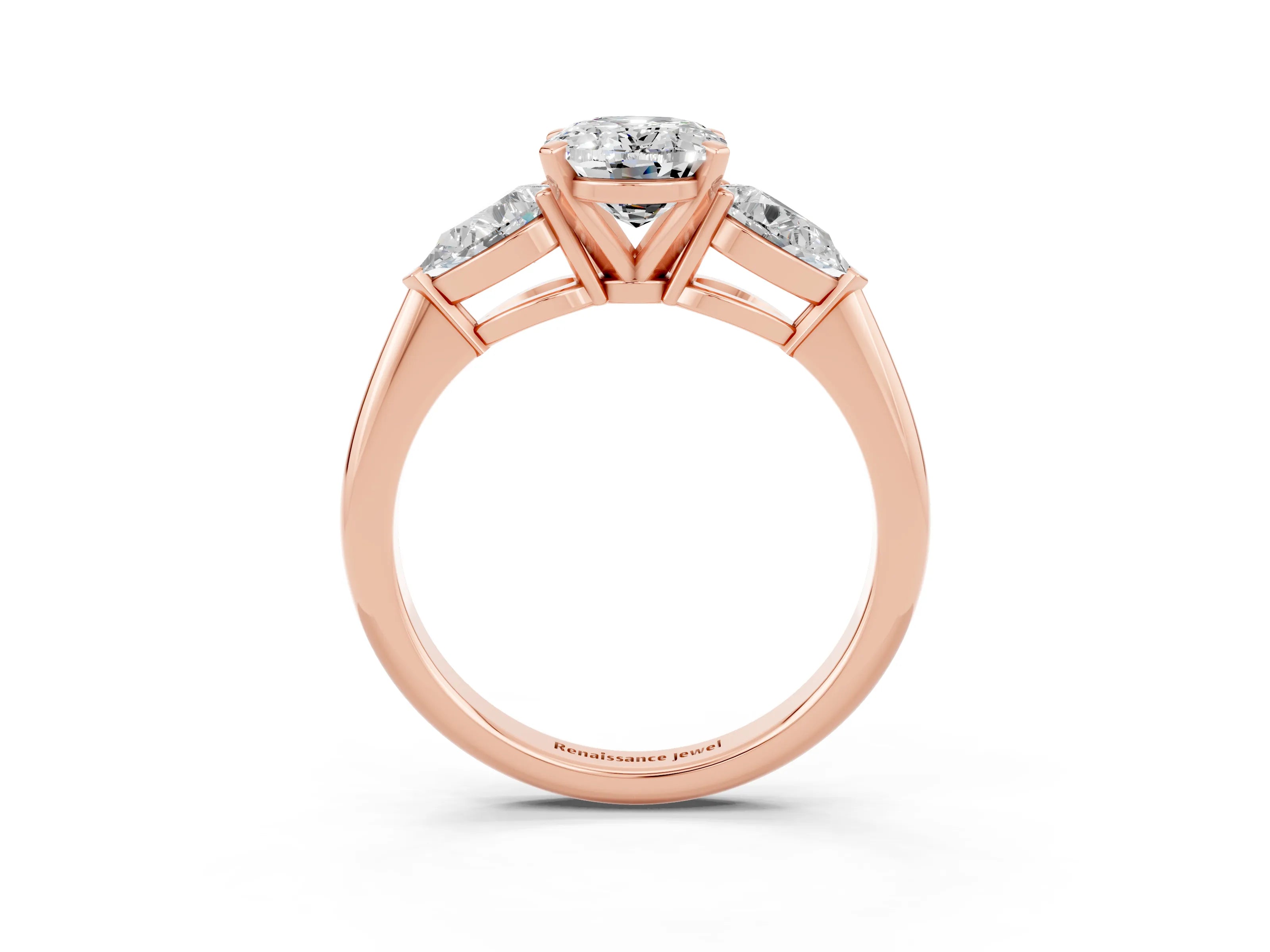 Rose gold Three-Stone Oval Cut Moissanite Ring with Pear Side Stones and Four-Prong Setting_3