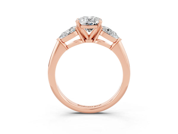 Rose gold Three-Stone Oval Cut Moissanite Ring with Pear Side Stones and Four-Prong Setting
