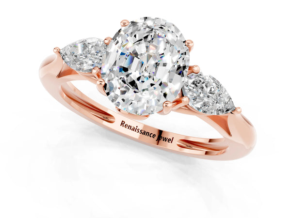 Rose gold Three-Stone Oval Cut Moissanite Ring with Pear  Side Stones in Four-Prong Setting