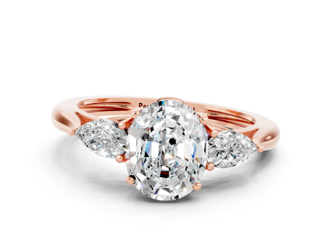 Rose gold Three-Stone Oval Cut Moissanite Ring with Pear  Side Stones in Four-Prong Setting_36