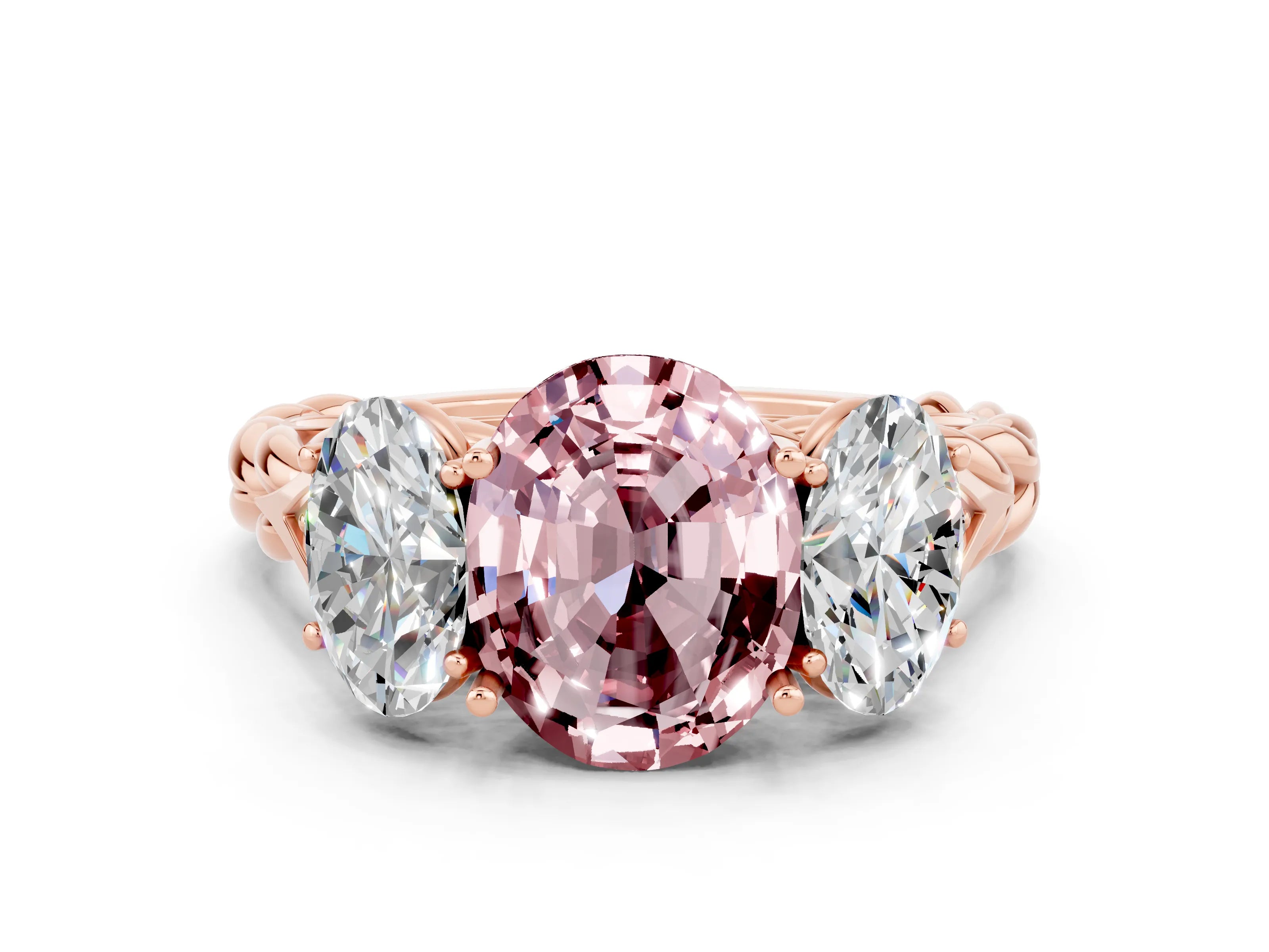 Rose gold Three-Stone Oval Cut Morganite Braided Band Ring with Four-Prong Setting_12
