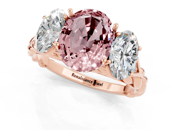 Rose gold Three-Stone Oval Cut Morganite Braided Band Ring with Four-Prong Setting
