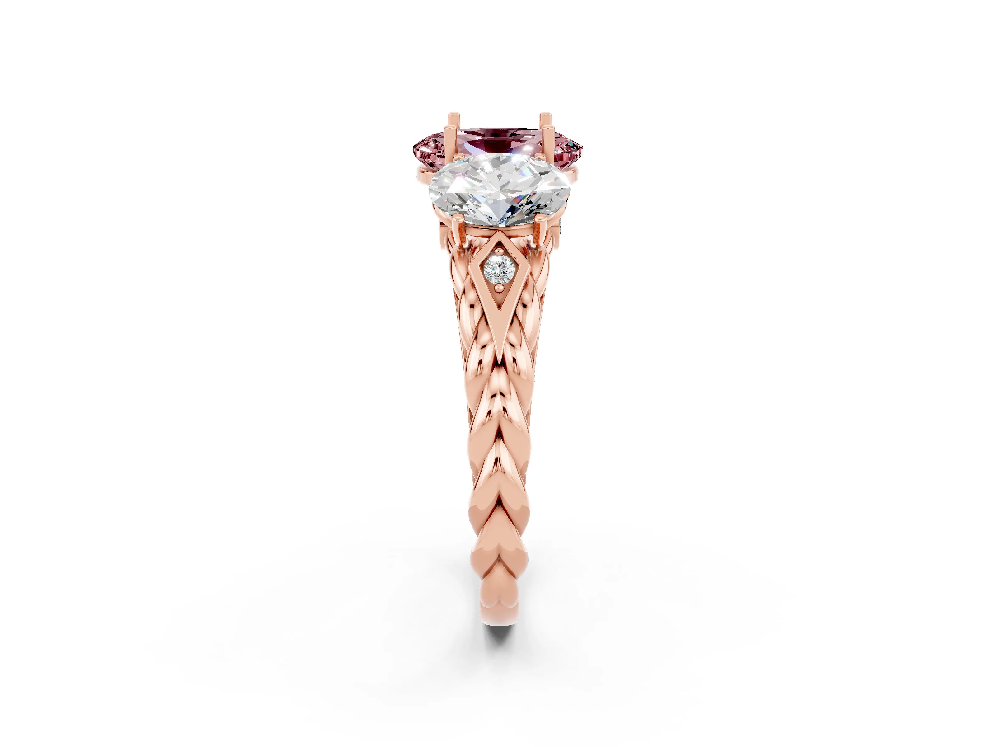Rose gold Three-Stone Oval Cut Morganite Braided Band Ring with Four-Prong Setting_14