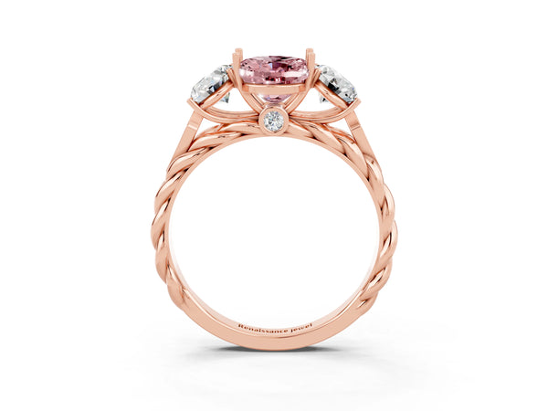 Rose gold Three-Stone Oval Cut Morganite Braided Band Ring with Four-Prong Setting