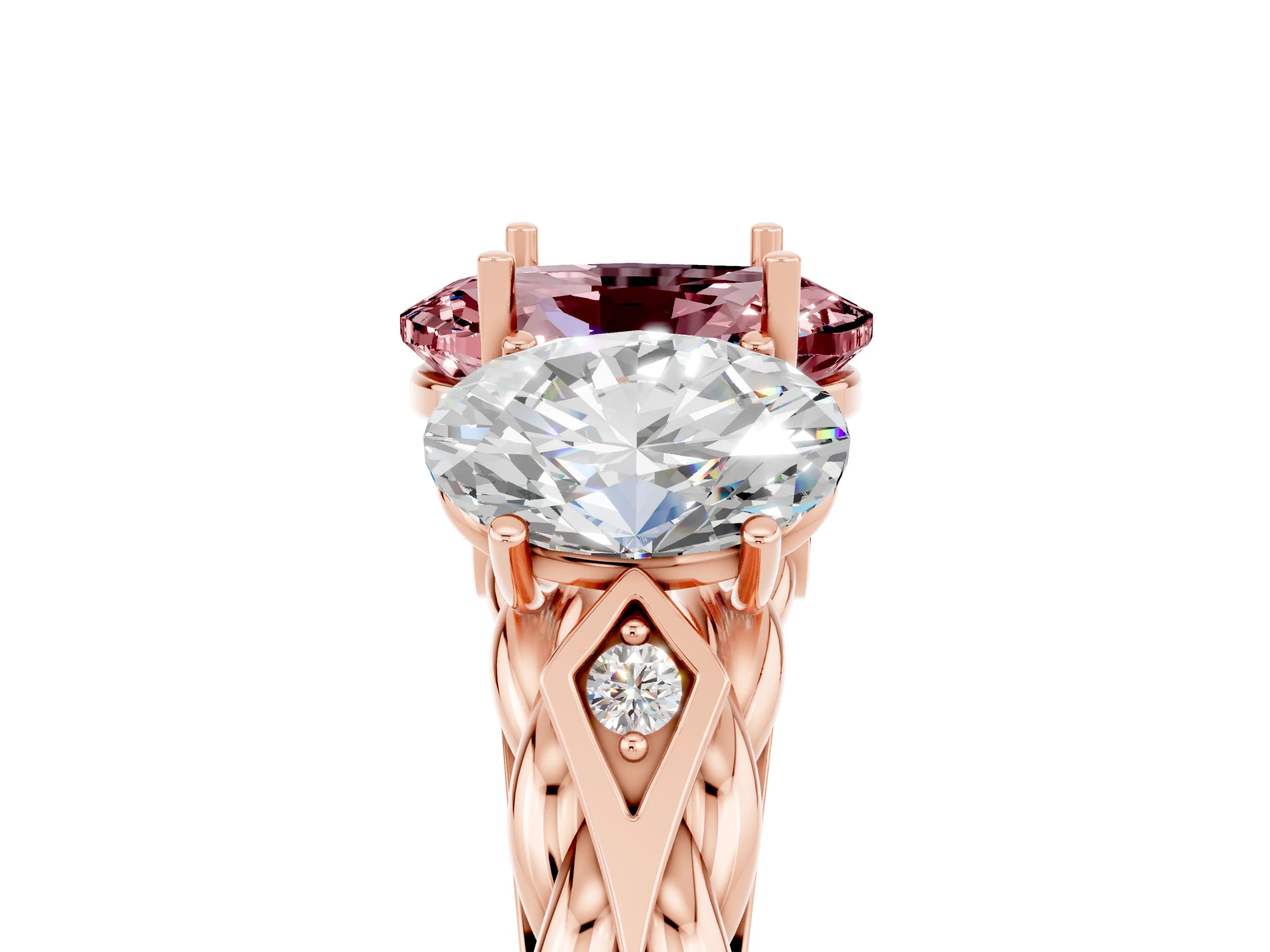 Rose gold Three-Stone Oval Cut Morganite Braided Band Ring with Four-Prong Setting_17