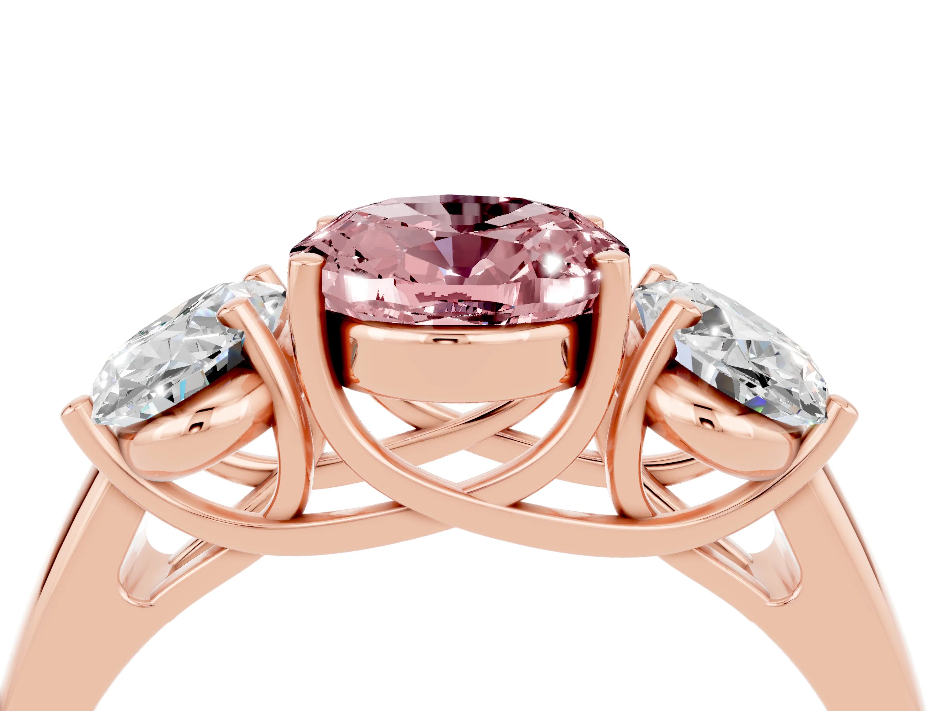 Rose gold Three-Stone Oval Cut Morganite Engagement Ring with Prong Setting_4