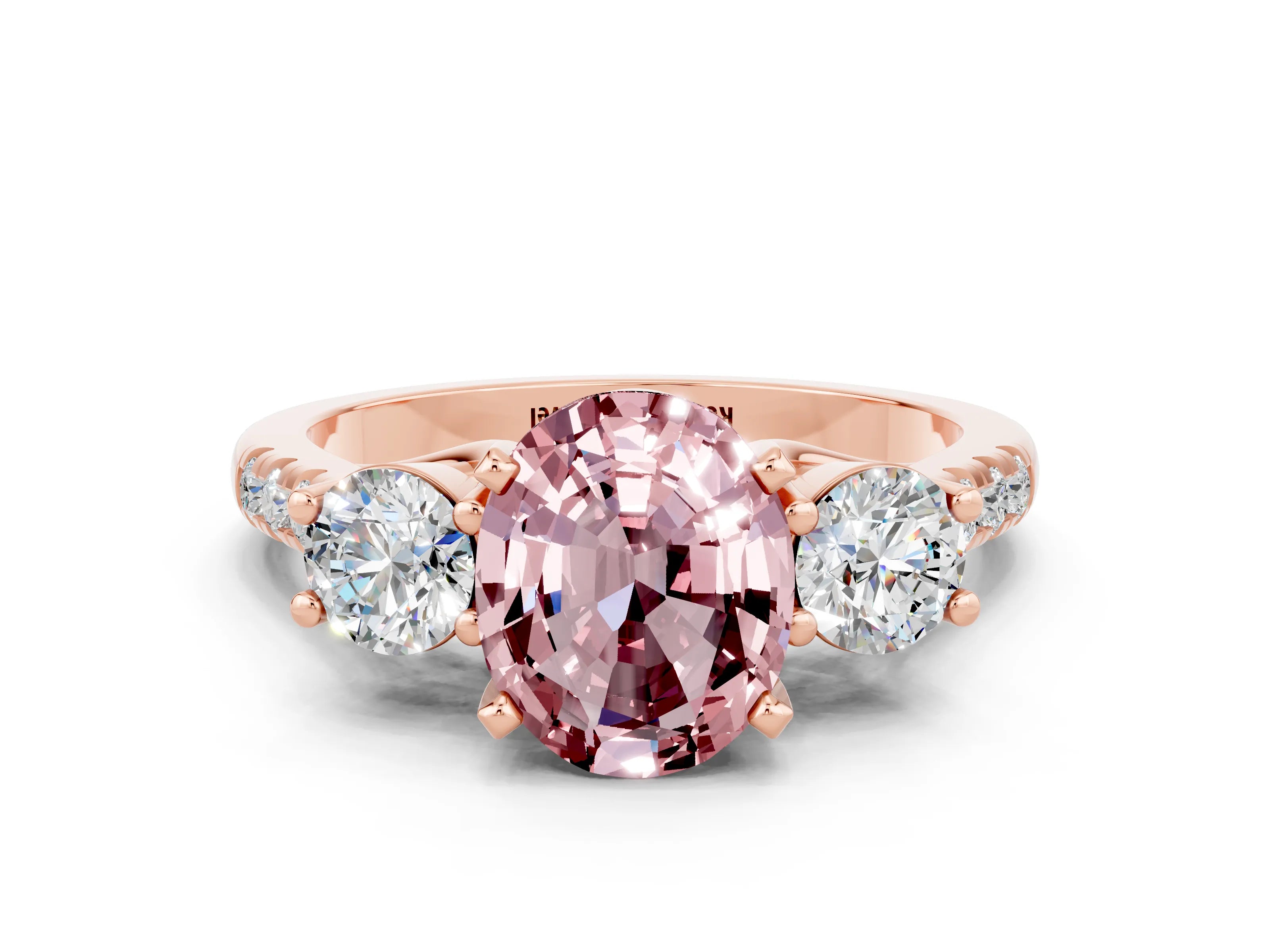 Rose gold Three-Stone Oval Cut Morganite Pavé Band with Four-Prong Setting