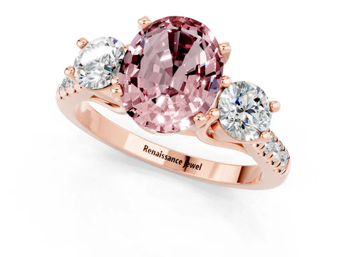 Rose gold Three-Stone Oval Cut Morganite Pavé Band with Four-Prong Setting_1