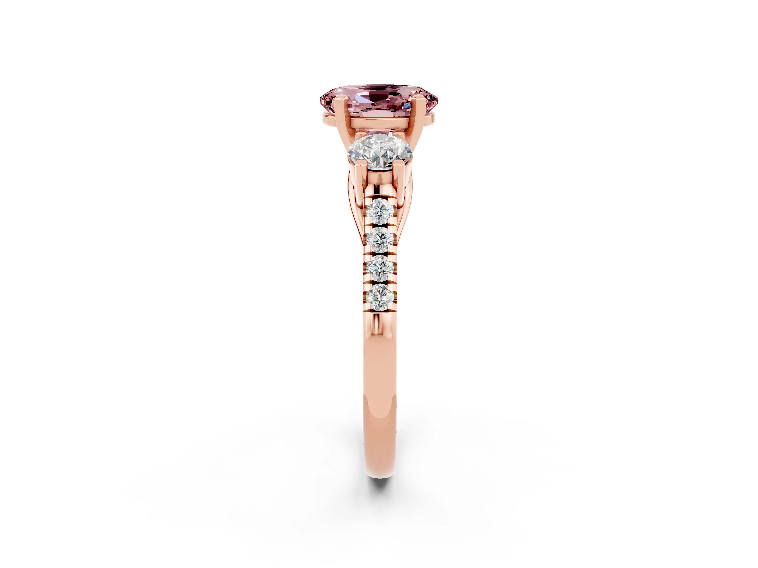 Rose gold Three-Stone Oval Cut Morganite Pavé Band with Four-Prong Setting_2
