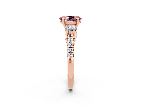 Rose gold Three-Stone Oval Cut Morganite Pavé Band with Four-Prong Setting