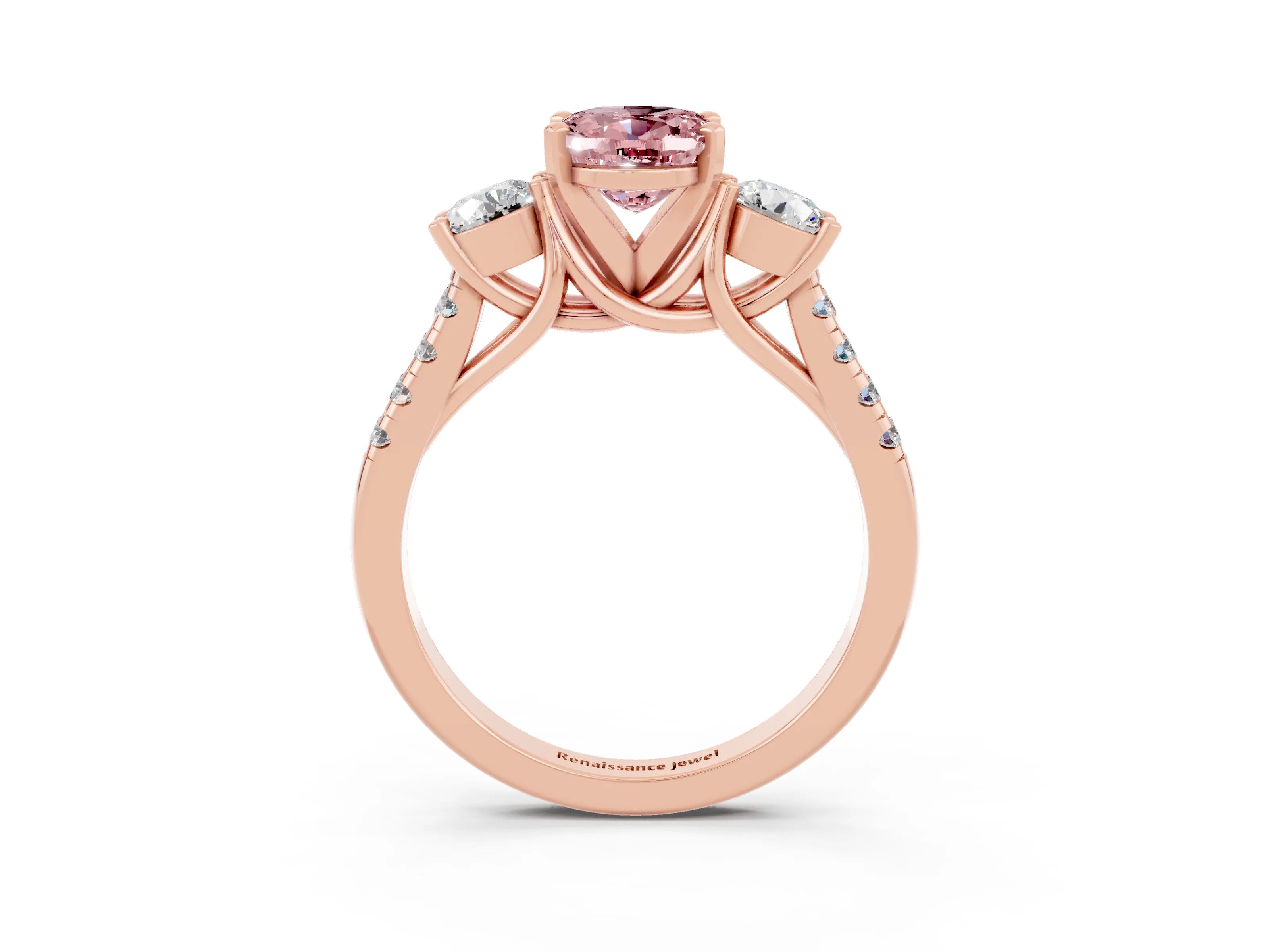 Rose gold Three-Stone Oval Cut Morganite Pavé Band with Four-Prong Setting_3