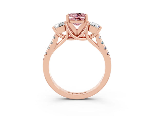 Rose gold Three-Stone Oval Cut Morganite Pavé Band with Four-Prong Setting