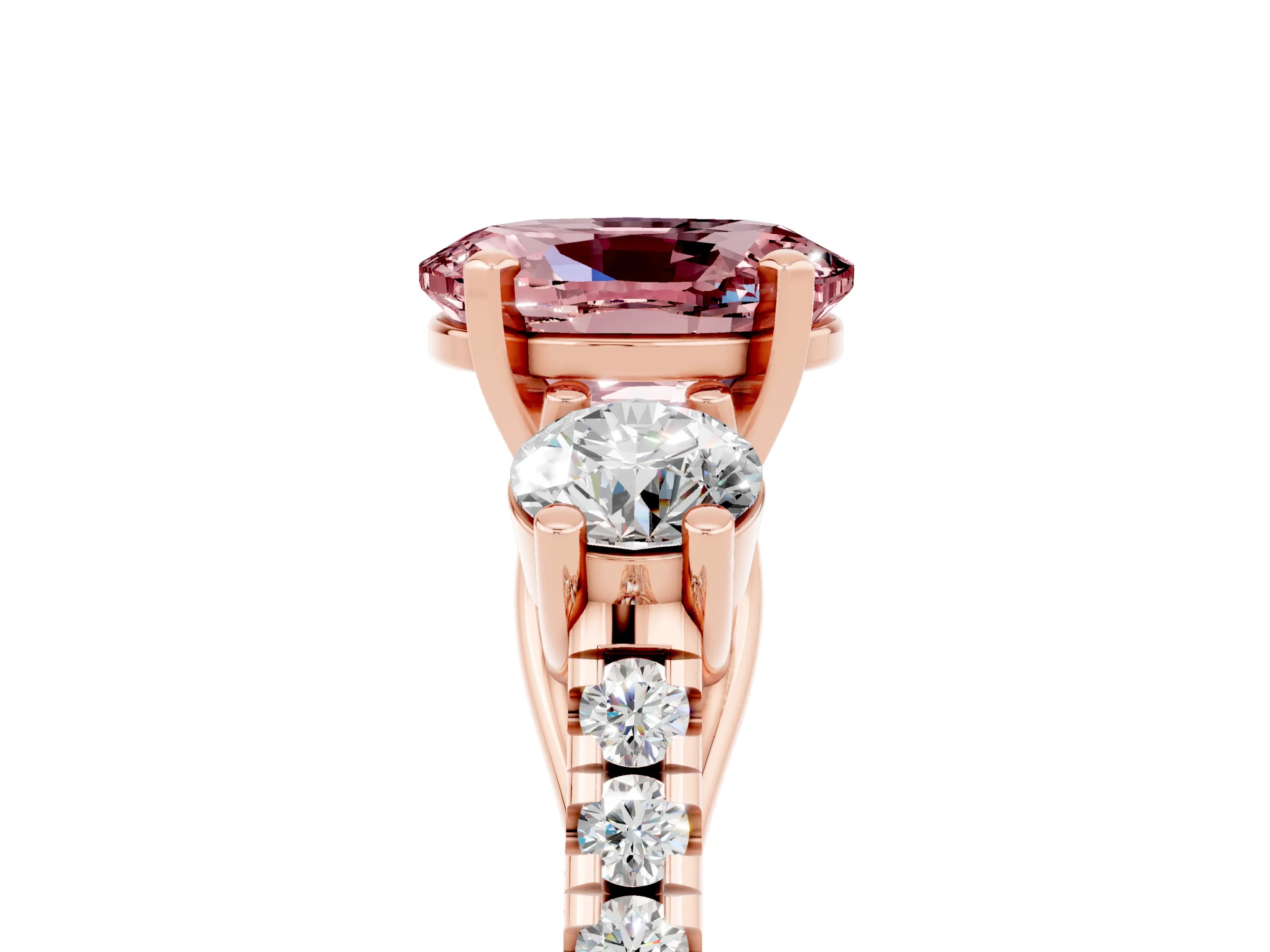 Rose gold Three-Stone Oval Cut Morganite Pavé Band with Four-Prong Setting_5
