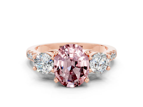 Rose gold Three-Stone Oval Cut Morganite Pavé Band with Four-Prong Setting