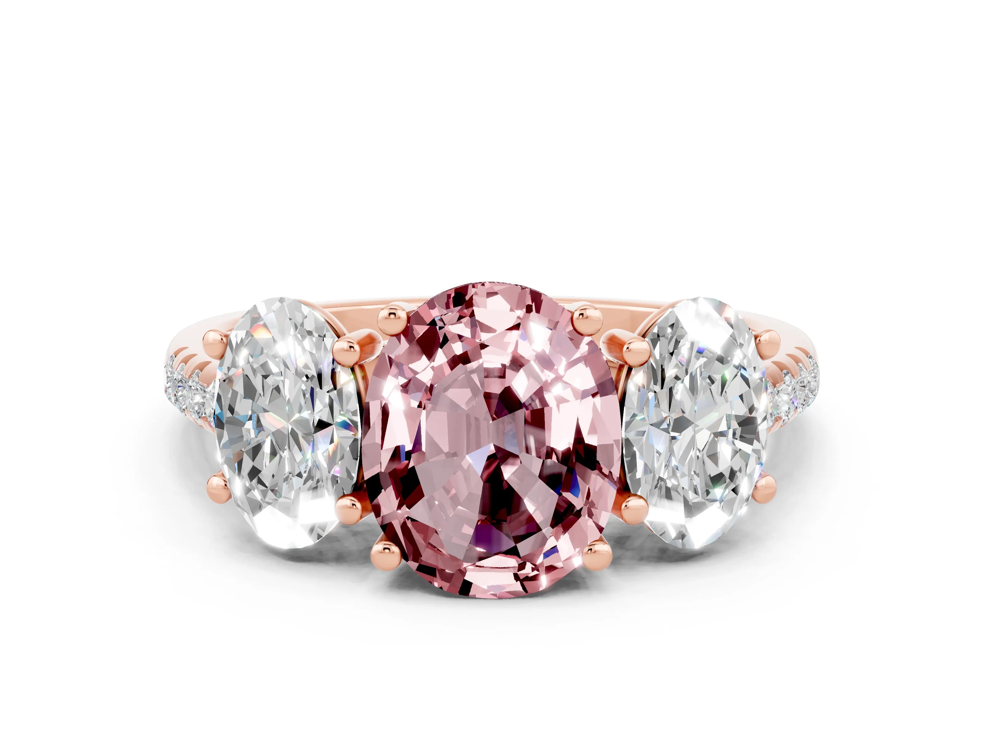 Rose gold Three-Stone Oval Cut Morganite Ring with Pavé Band and Prong Setting_12
