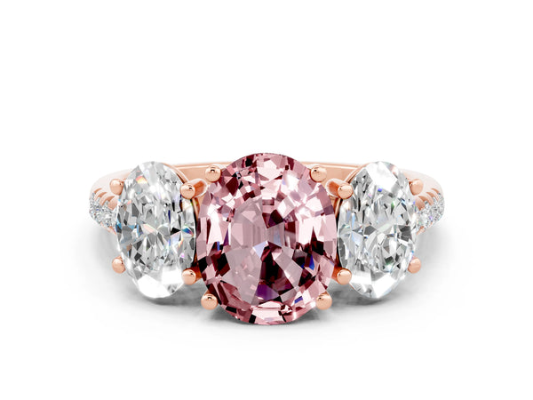 Rose gold Three-Stone Oval Cut Morganite Ring with Round  Pavé Band and Prong Setting