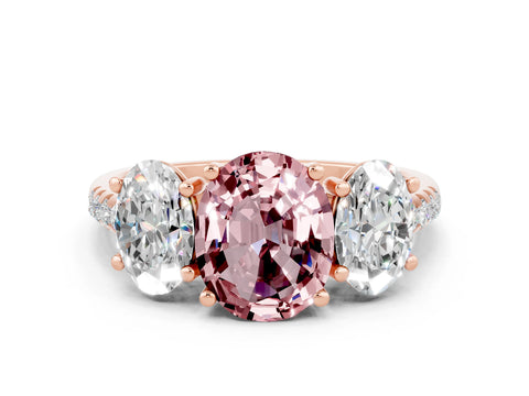 Rose gold Three-Stone Oval Cut Morganite Ring with Pavé Band and Prong Setting_12