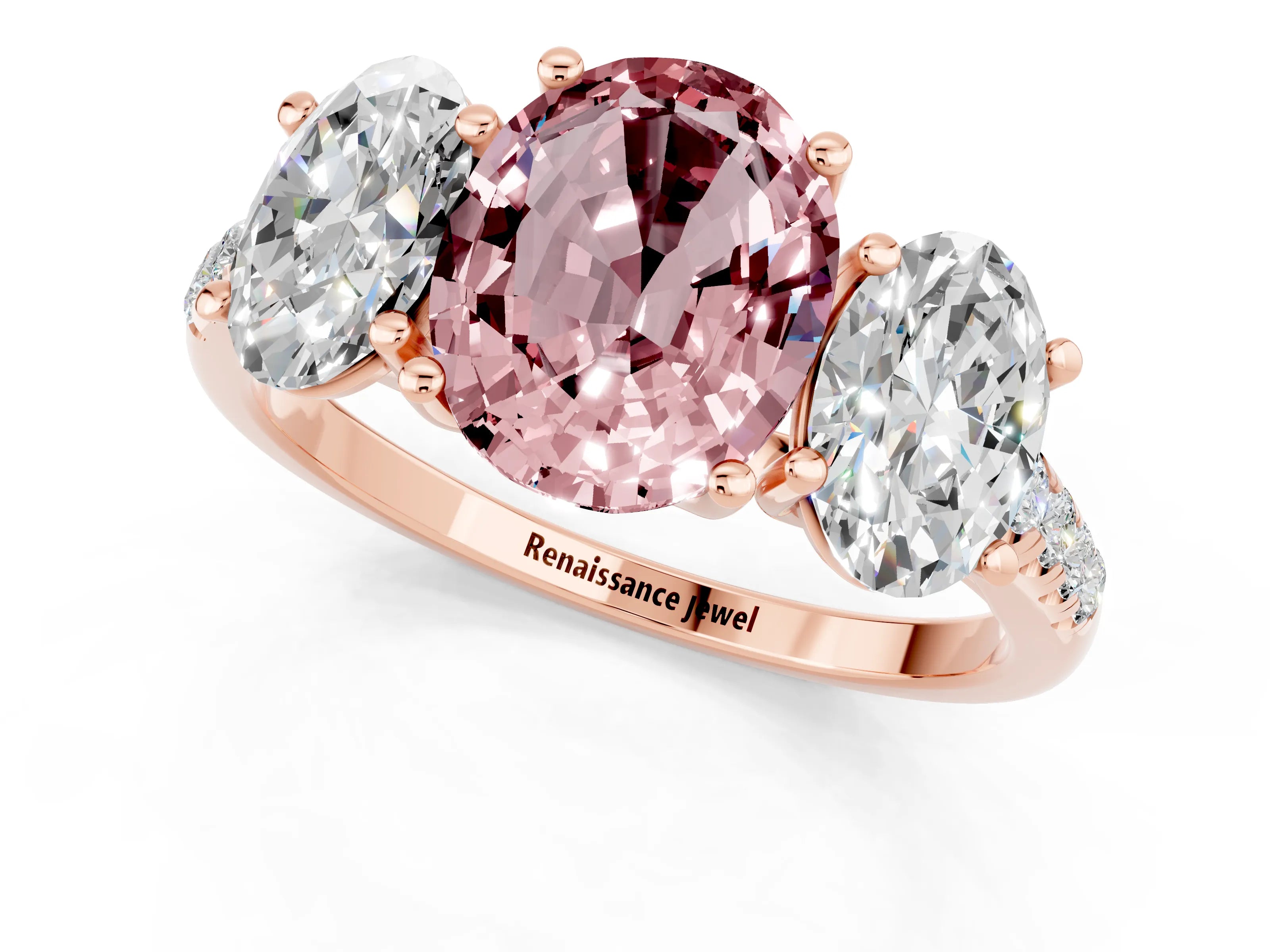 Rose gold Three-Stone Oval Cut Morganite Ring with Pavé Band and Prong Setting_13
