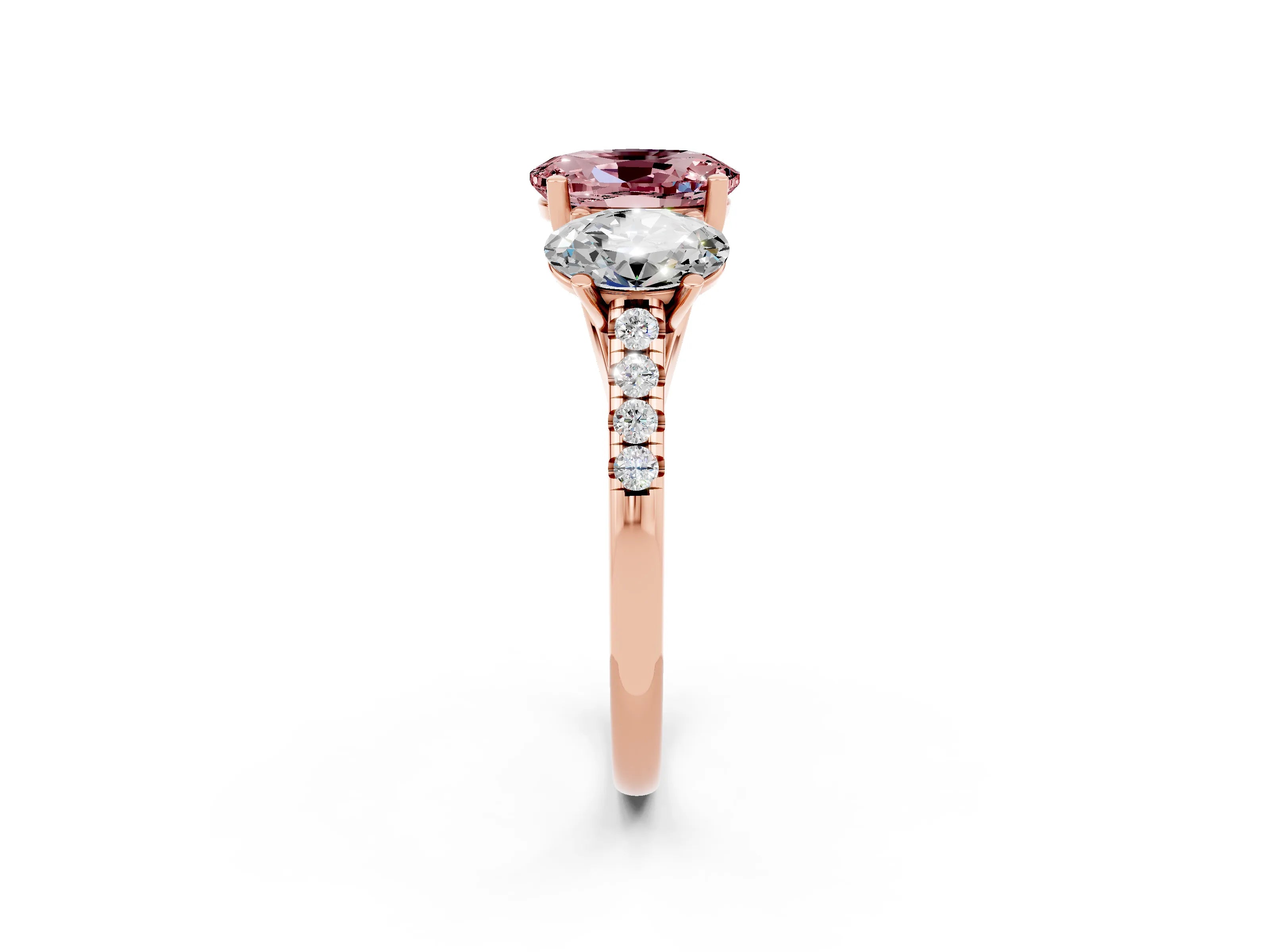 Rose gold Three-Stone Oval Cut Morganite Ring with Pavé Band and Prong Setting_14
