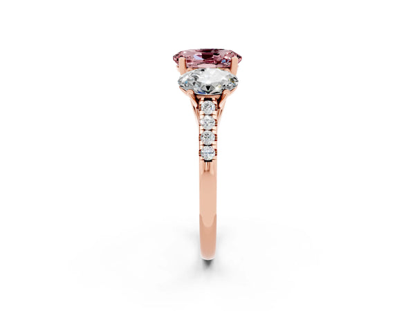 Rose gold Three-Stone Oval Cut Morganite Ring with Round  Pavé Band and Prong Setting