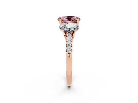 Rose gold Three-Stone Oval Cut Morganite Ring with Pavé Band and Prong Setting_14