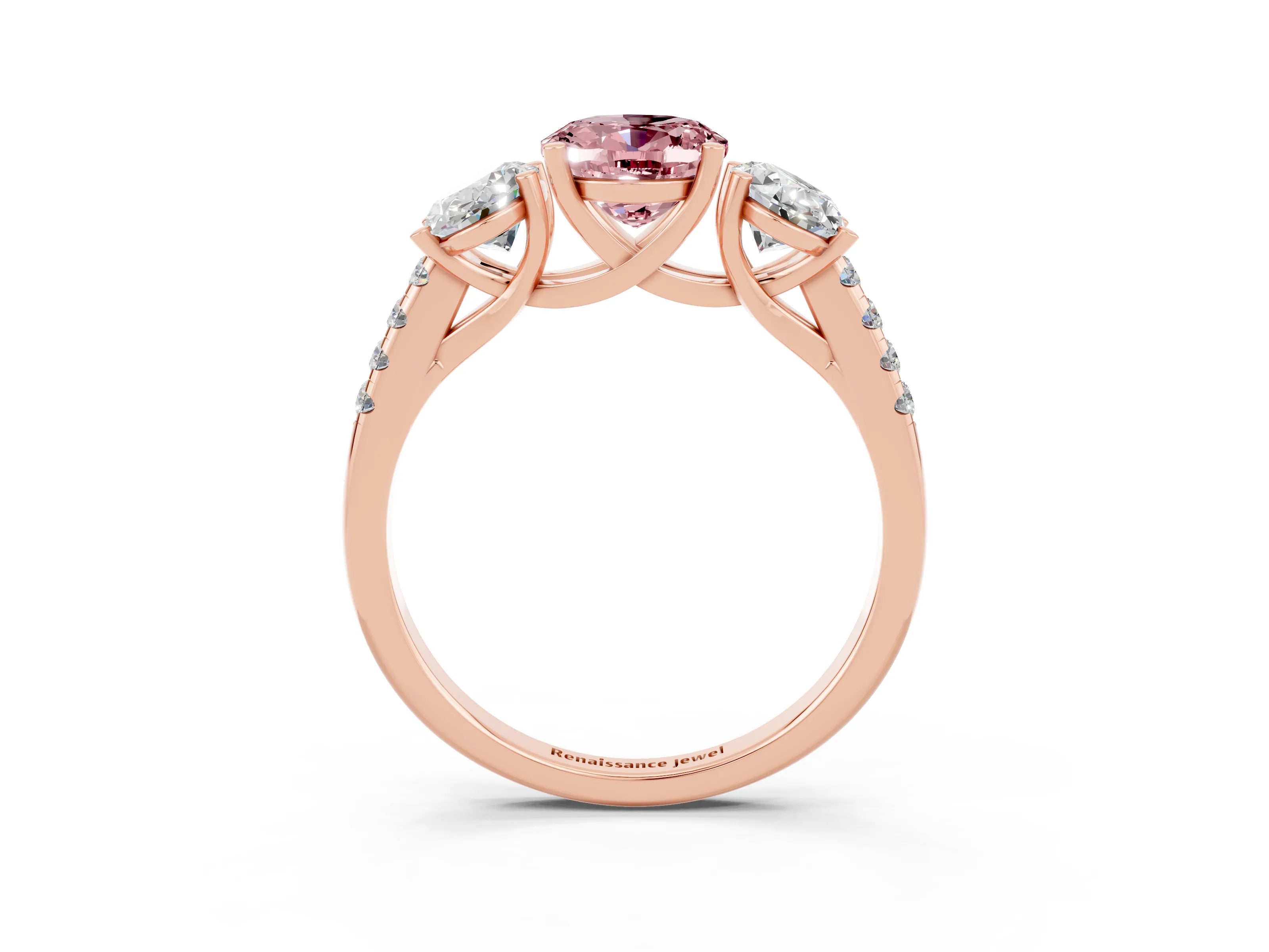 Rose gold Three-Stone Oval Cut Morganite Ring with Pavé Band and Prong Setting_15