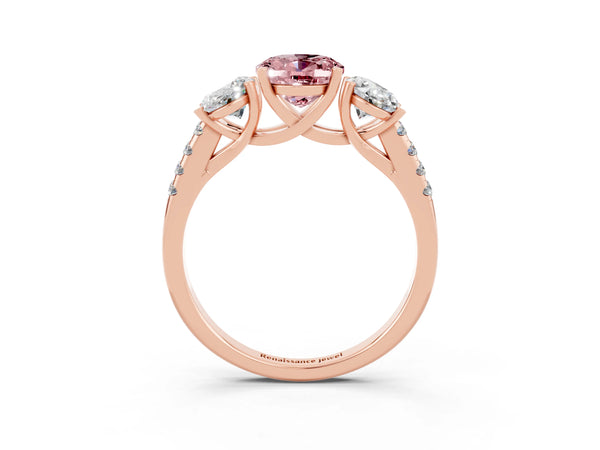 Rose gold Three-Stone Oval Cut Morganite Ring with Round  Pavé Band and Prong Setting