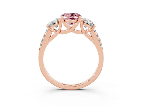 Rose gold Three-Stone Oval Cut Morganite Ring with Pavé Band and Prong Setting_15