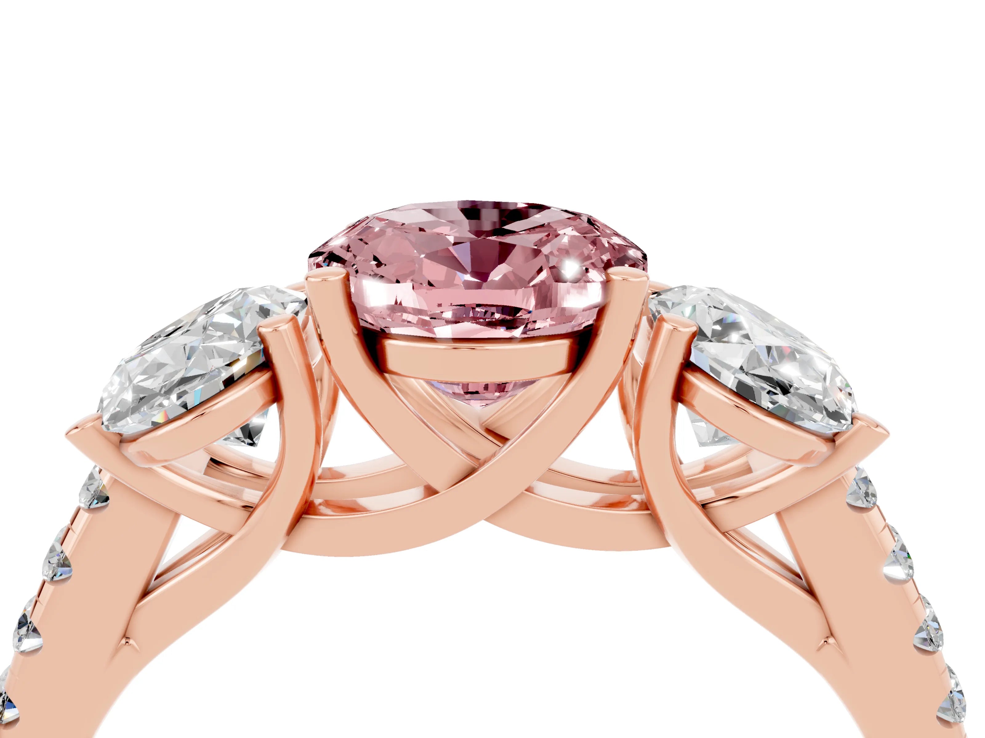 Rose gold Three-Stone Oval Cut Morganite Ring with Pavé Band and Prong Setting_16