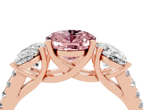 Rose gold Three-Stone Oval Cut Morganite Ring with Pavé Band and Prong Setting_16