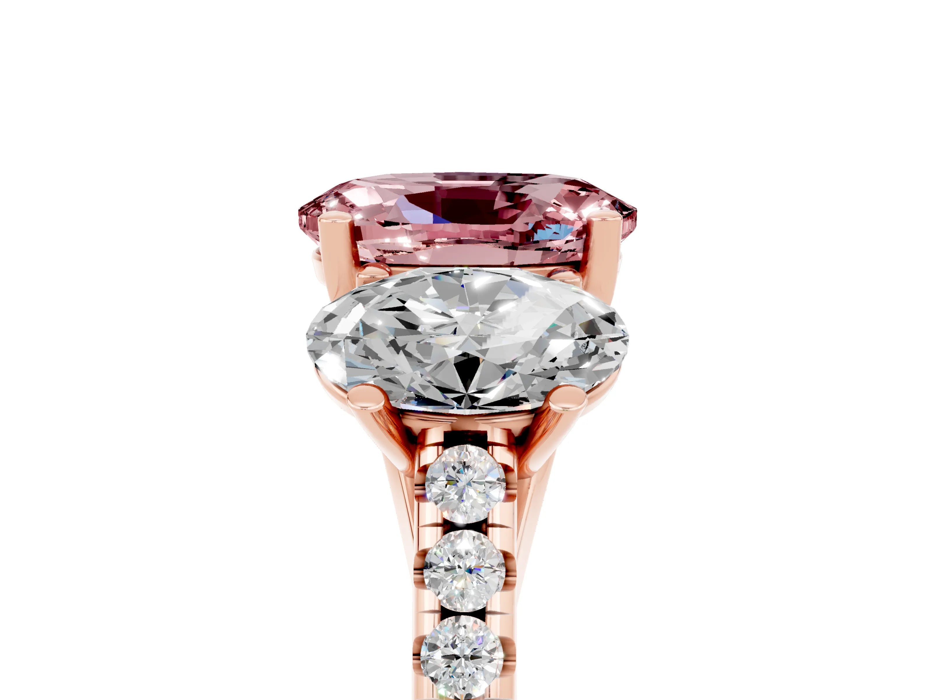 Rose gold Three-Stone Oval Cut Morganite Ring with Pavé Band and Prong Setting_17