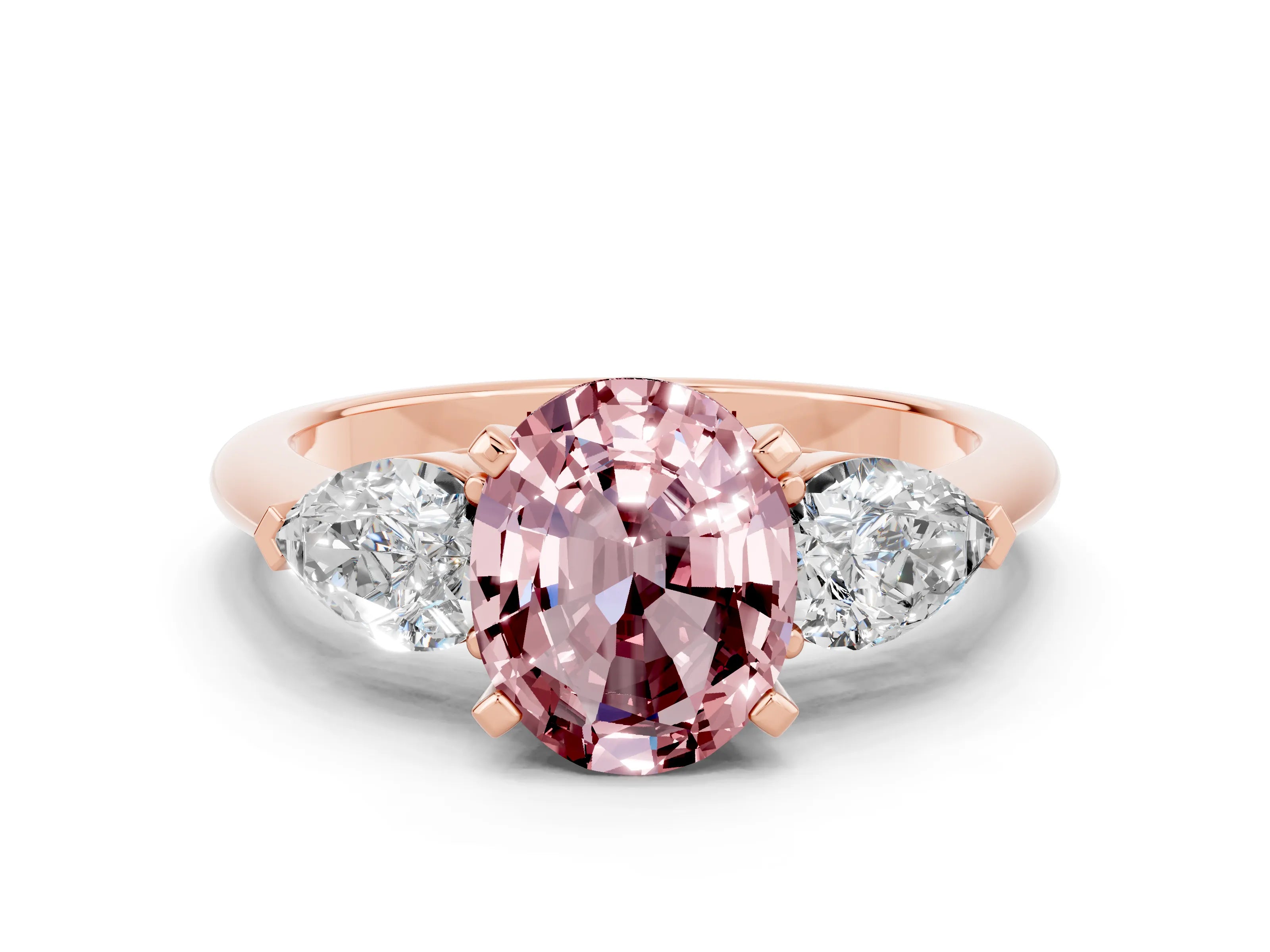 Rose gold Three-Stone Oval Cut Morganite Ring with Pear Side Stones and Four-Prong Setting