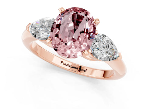 Rose gold Three-Stone Oval Cut Morganite Ring with Pear Side Stones and Four-Prong Setting_1