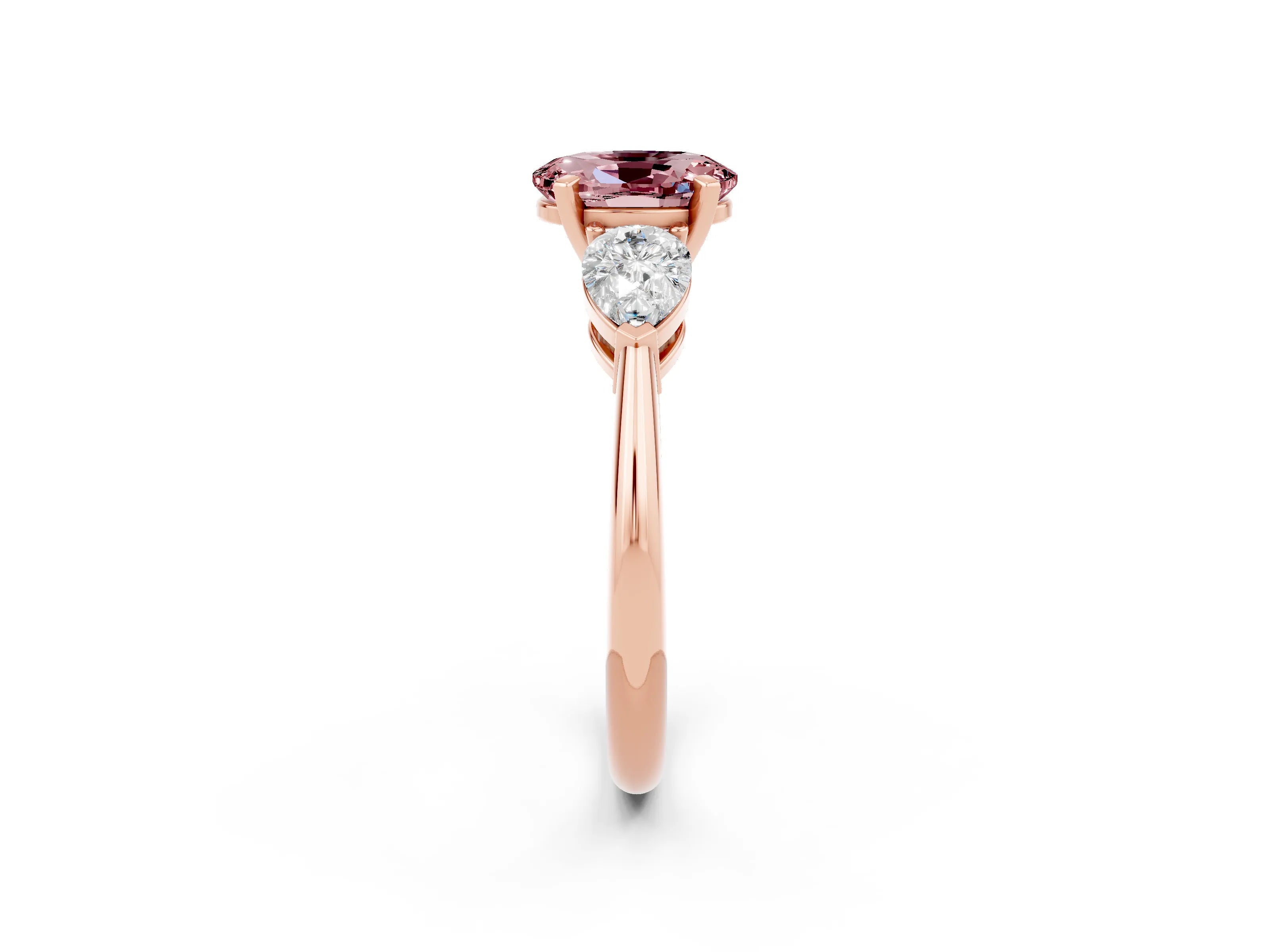 Rose gold Three-Stone Oval Cut Morganite Ring with Pear Side Stones and Four-Prong Setting_2