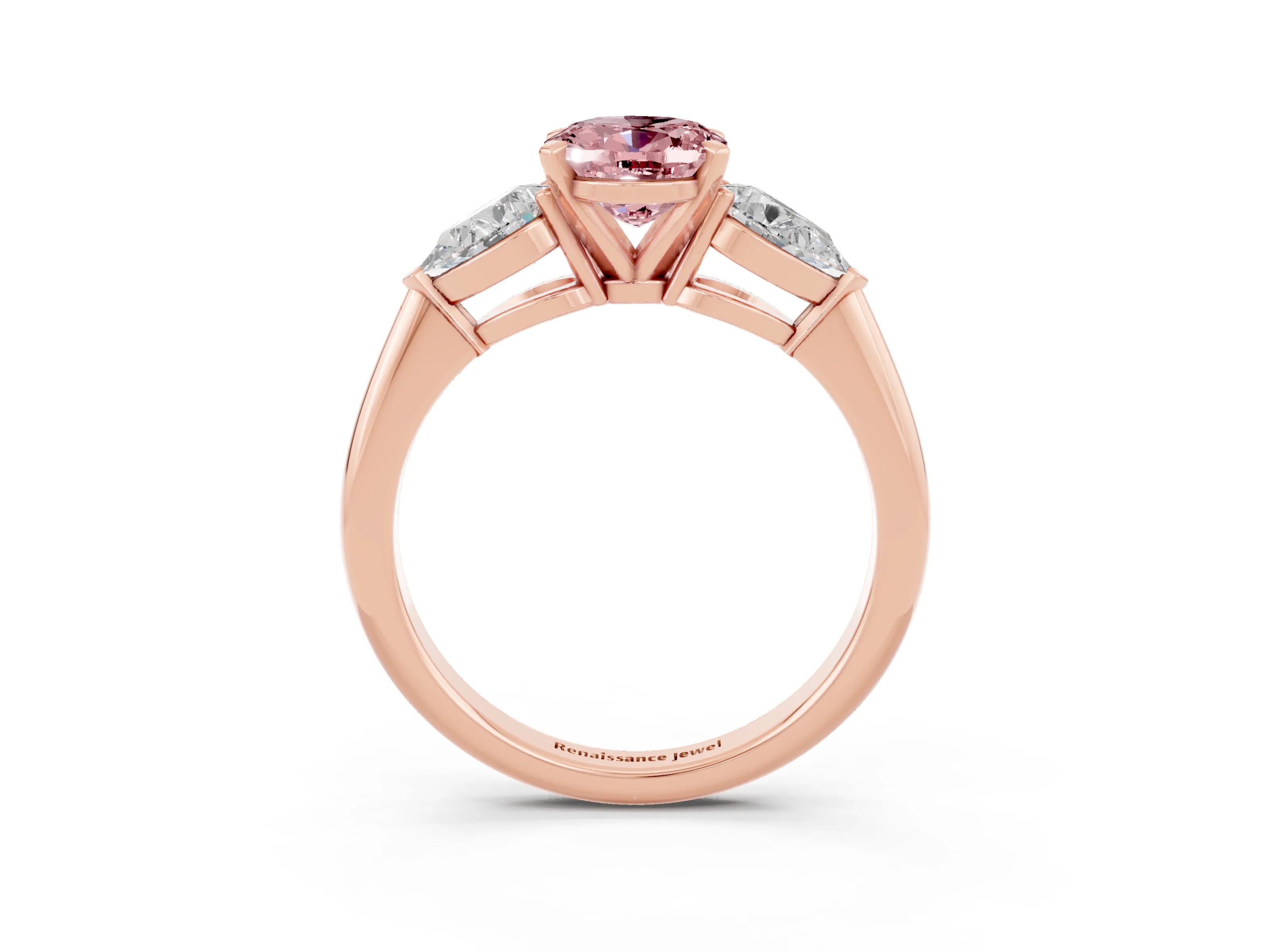 Rose gold Three-Stone Oval Cut Morganite Ring with Pear Side Stones and Four-Prong Setting_3