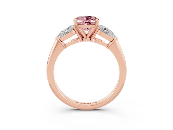 Rose gold Three-Stone Oval Cut Morganite Ring with Pear Side Stones and Four-Prong Setting