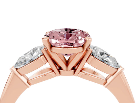 Rose gold Three-Stone Oval Cut Morganite Ring with Pear Side Stones and Four-Prong Setting_4