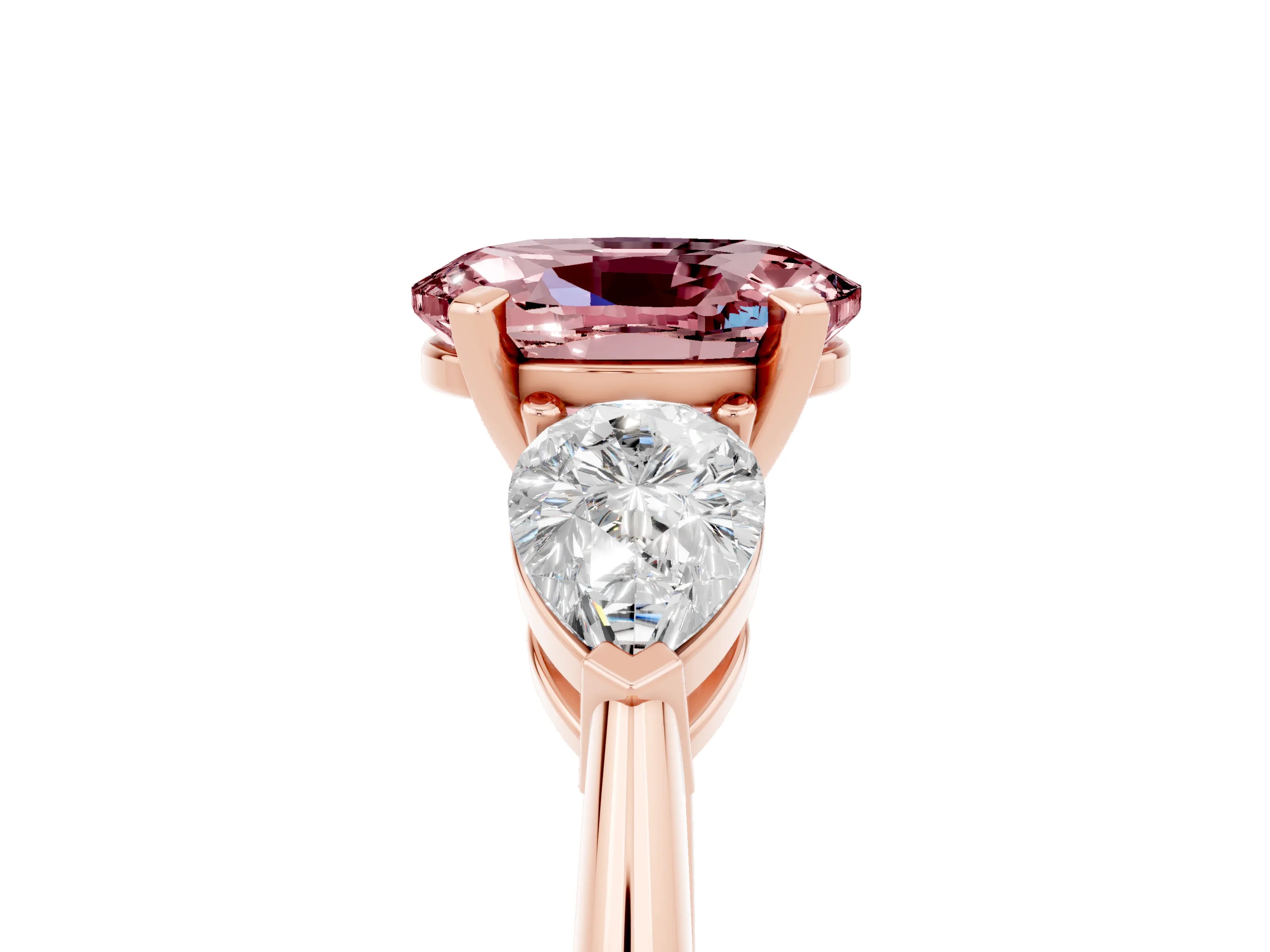 Rose gold Three-Stone Oval Cut Morganite Ring with Pear Side Stones and Four-Prong Setting_5