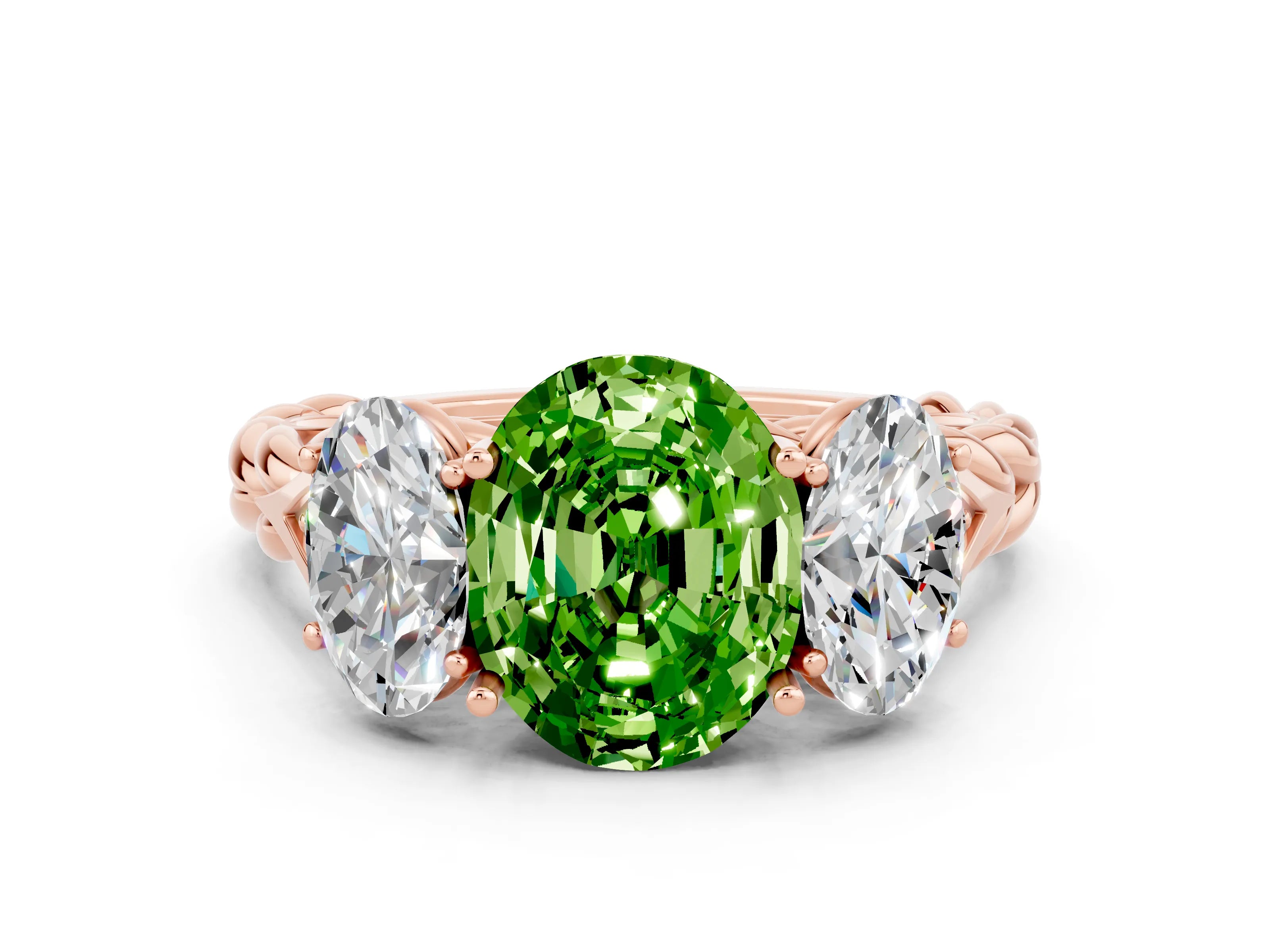 Rose gold Three-Stone Oval Cut Peridot Braided Band Ring with Four-Prong Setting_12