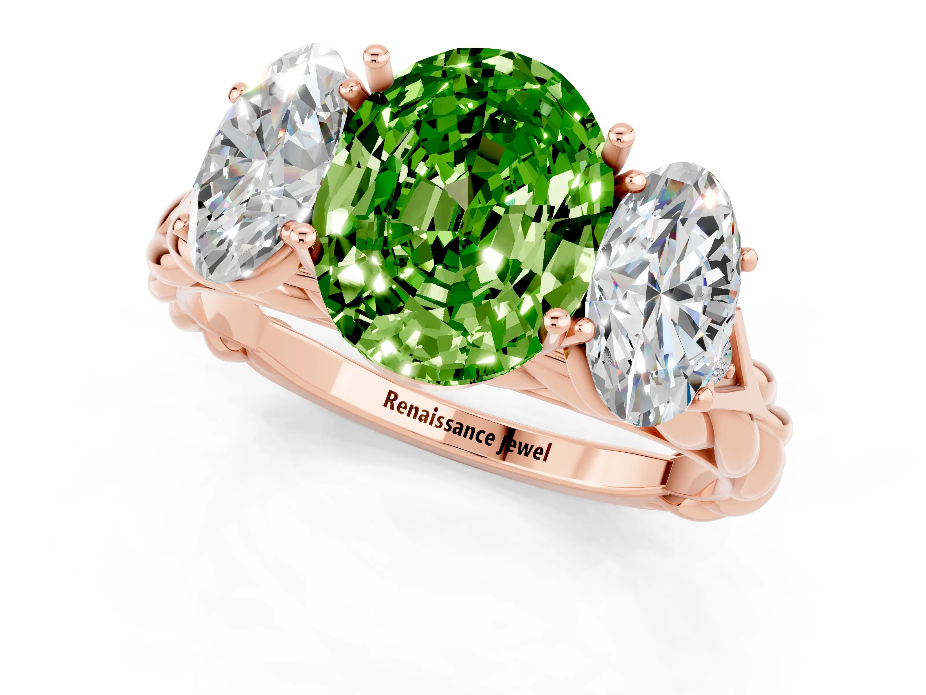 Rose gold Three-Stone Oval Cut Peridot Braided Band Ring with Four-Prong Setting_13
