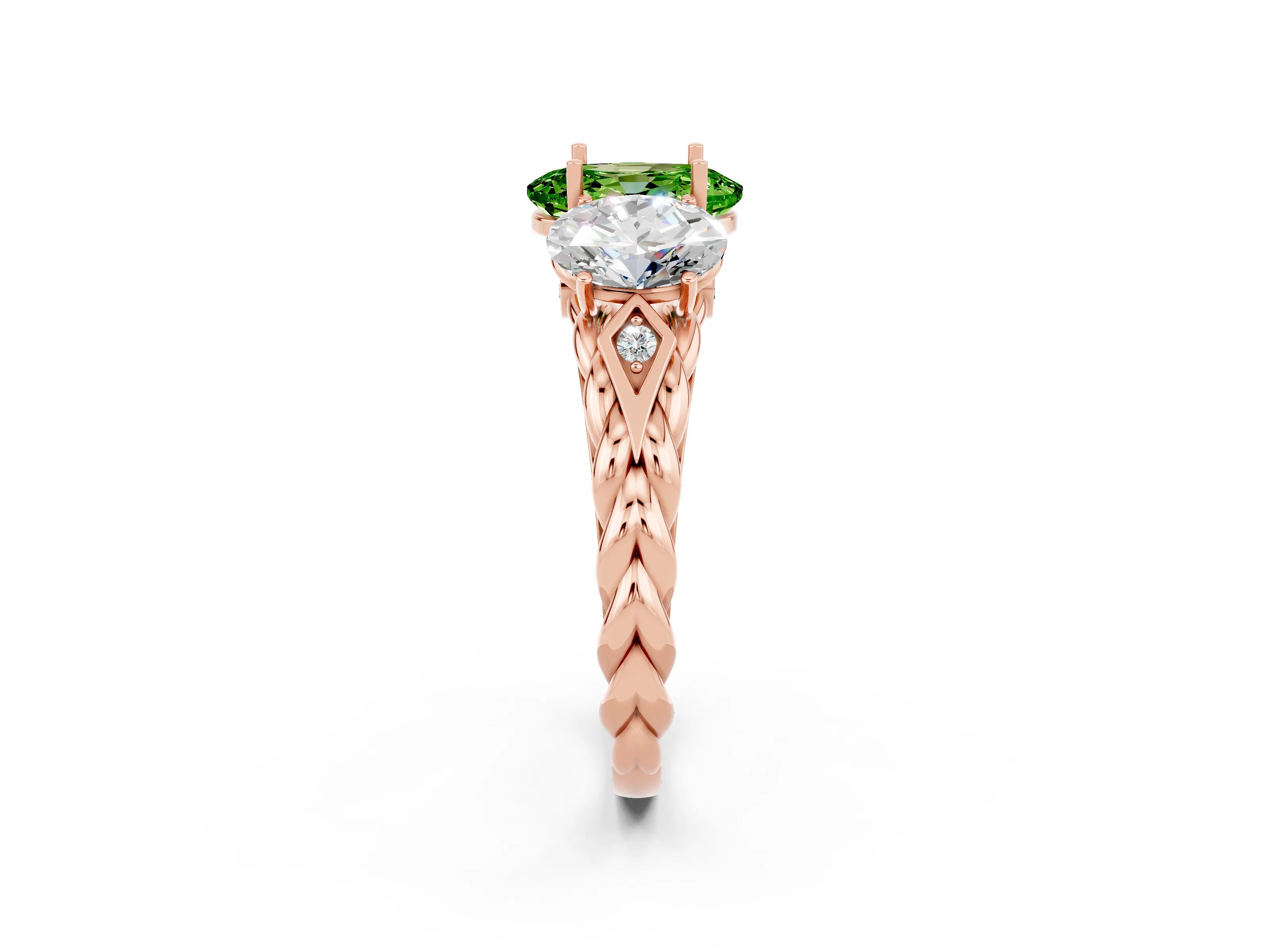 Rose gold Three-Stone Oval Cut Peridot Braided Band Ring with Four-Prong Setting_14